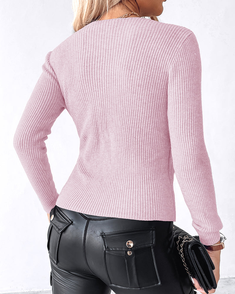 Overlap V-Neck Ruched Side Button Decor Knit Sweater Slim Fit Ribbed Pullover Top