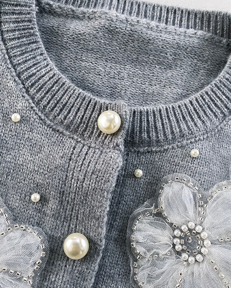 Floral Applique & Pearls Decor Round Neck Single Breasted Knit Cardigan Casual Crop Sweater Coat
