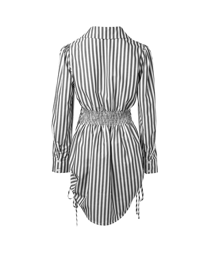 Striped Turn-down Collar Long Sleeve Dress Button Drwastring  Shirred Dress