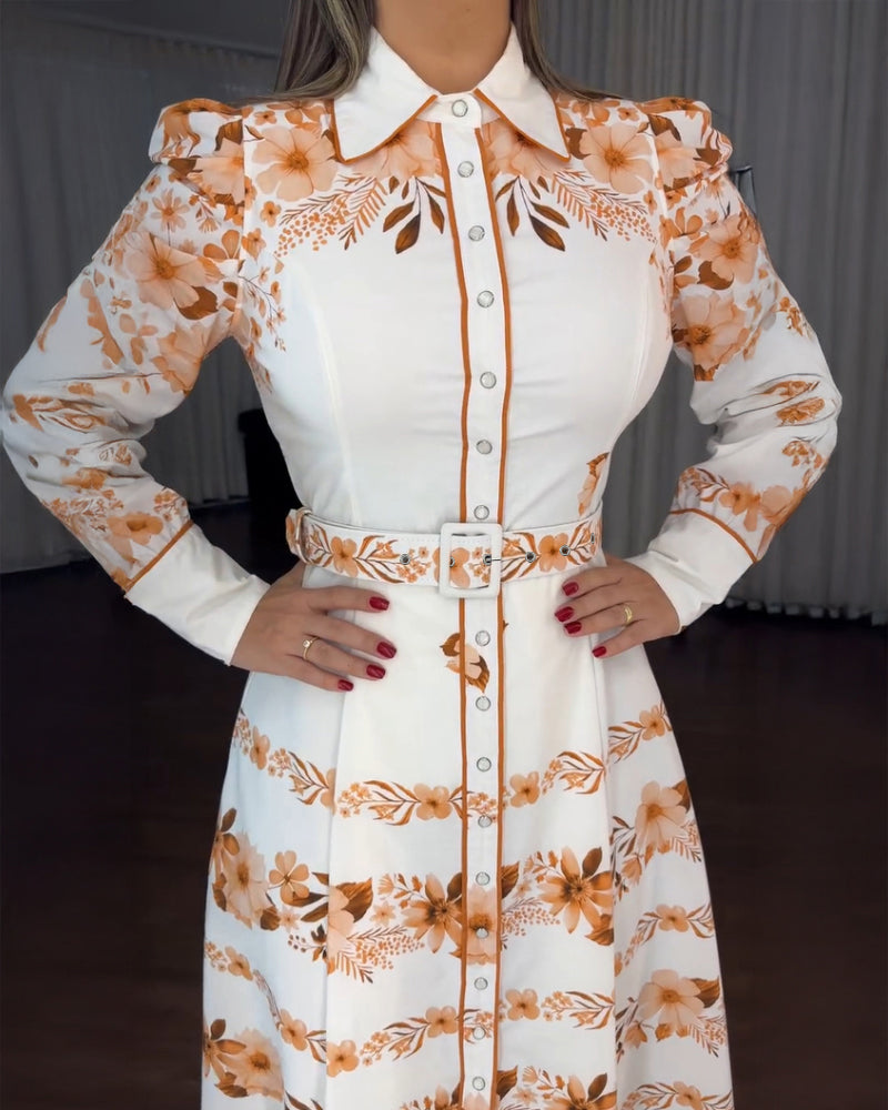 Floral Placement Print Turn-down Collar Puff Sleeve Vacation Dress Casual Button Down Shirt Dress With Belt and Lining