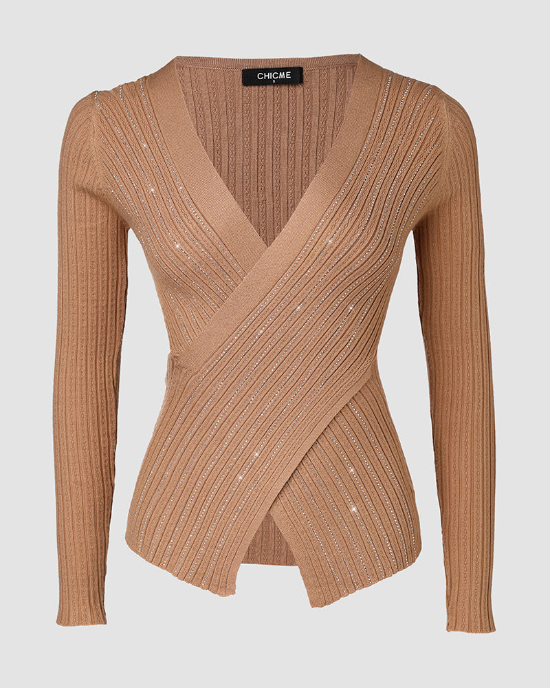 Rhinestone Decor Overlap V Neck Long Sleeve Knit Sweater Asymmetrical Hem Slim Fit Textured Pullover Top