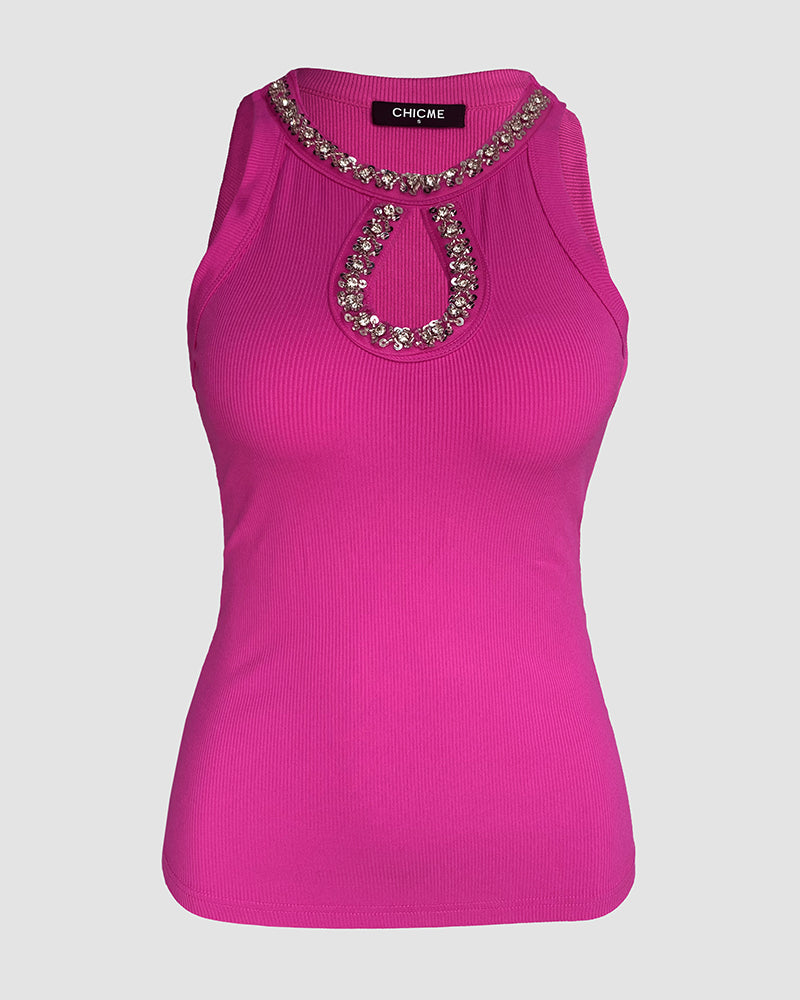 Rhinestone Contrast Sequin Keyhole Neck Sleeveless Slim Fit Elasticity Ribbed Top Elegant Tank