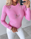 Rhinestone Butterfly Pattern Knit Sweater Beaded Crewneck Long Sleeve Pullover Top