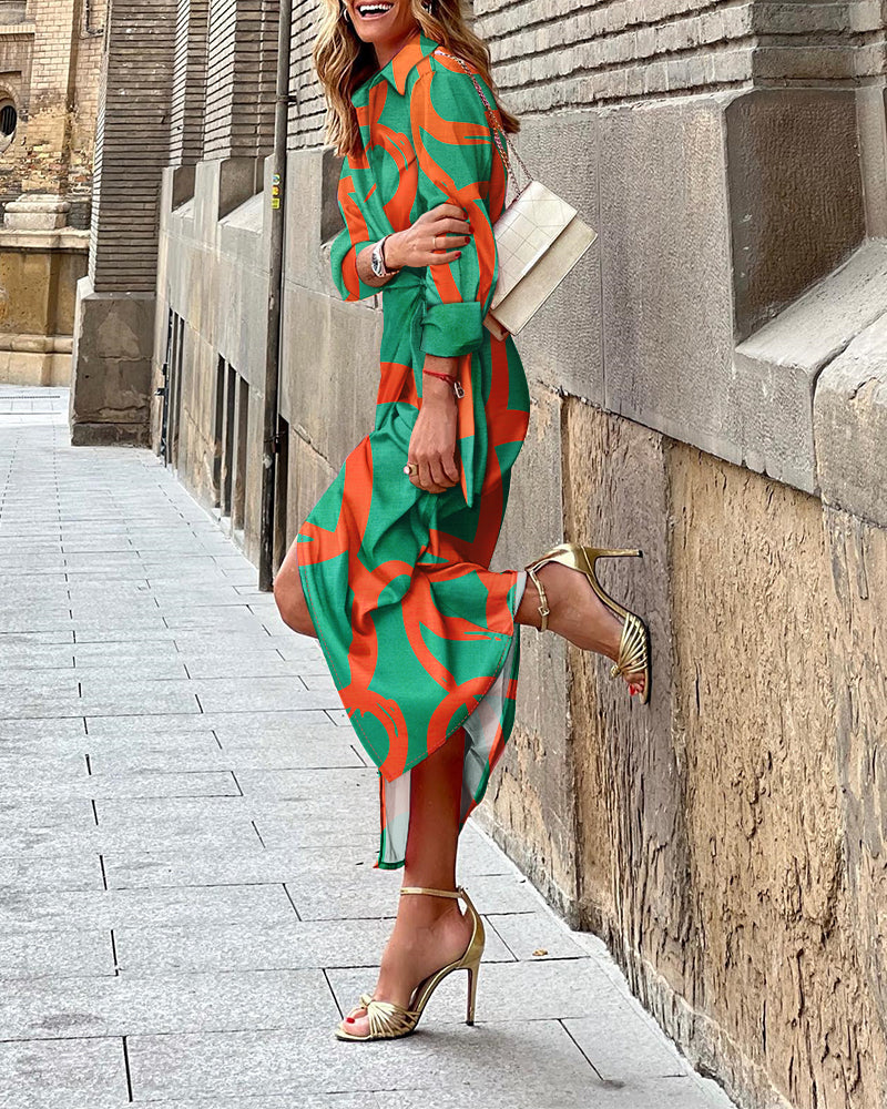 Abstract Print Turn-down Collar Tied Detail Ruched Dress Casual Wrap Front Vacation Dress