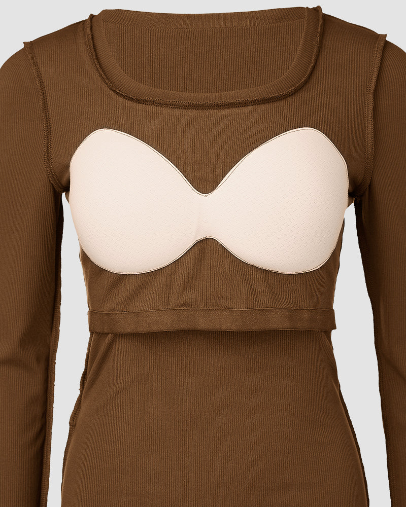 Chicme Built In Bra U Neck Long Sleeve Ribbed Top