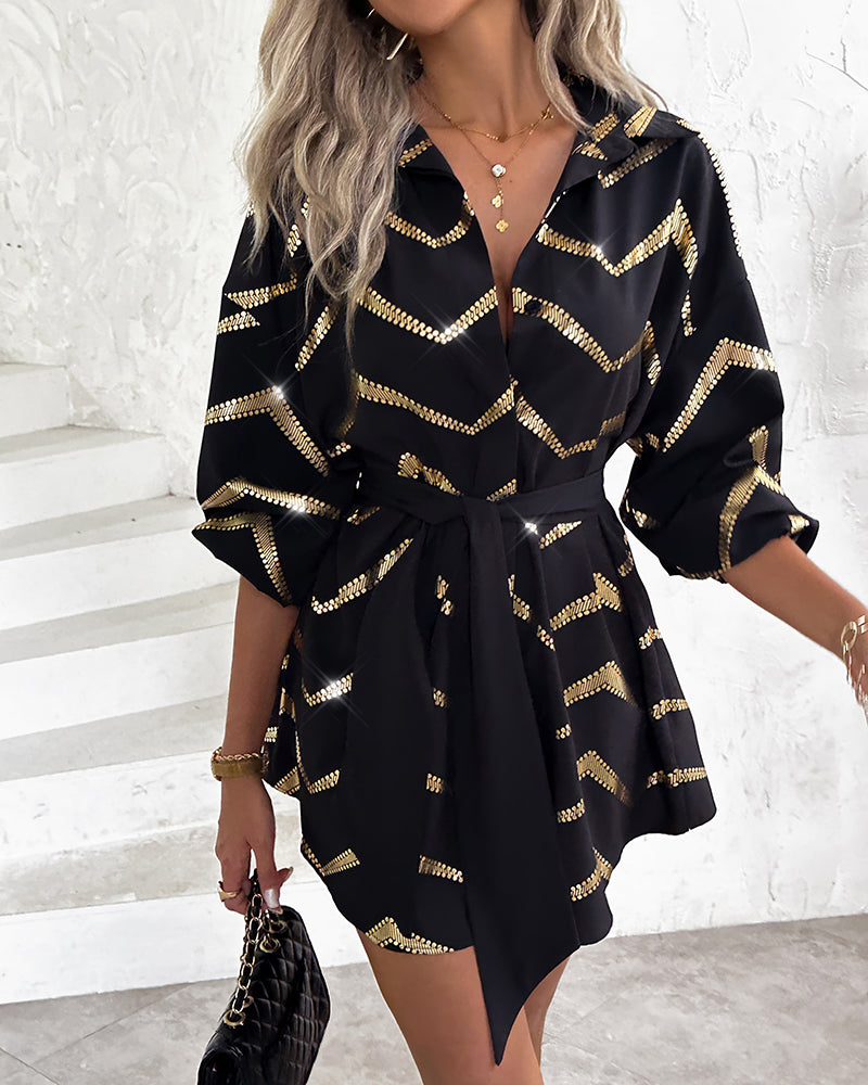 Bronzing Chevron Print Turn-down Collar Tied Detail Shirt Dress