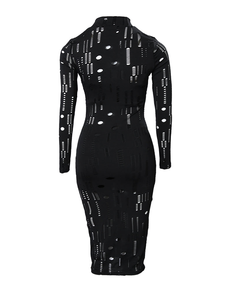Mock Neck Long Sleeve Hollow Out Bodycon Dress Sexy Party Dress