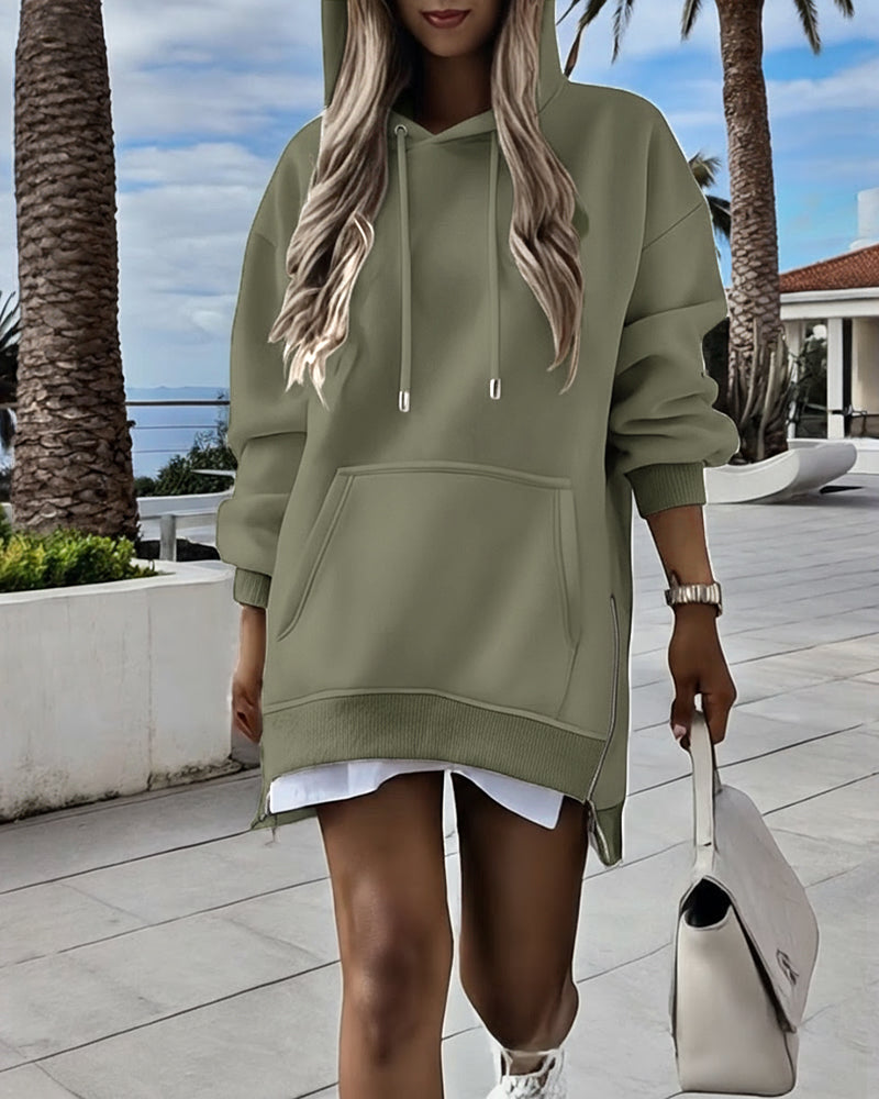 Long Sleeve Pocket Design Pullover Sweatshirt Casual Faux Two Piece Longline Drawstring Hooded Top