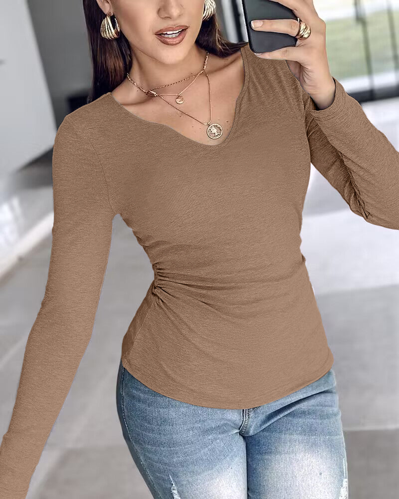 Chicme Built In Bra Notch Neck Long Sleeve Shirts Rib Knit Ruched Waist Top