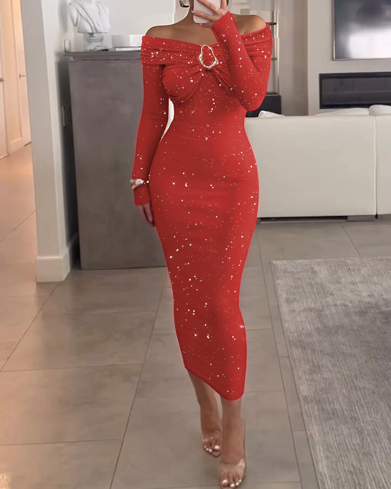 Off Shoulder Long Sleeve Chic Mental Buckle Ruched Mid-Calf Dress