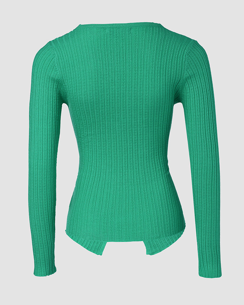 Rhinestone Decor Overlap V Neck Long Sleeve Knit Sweater Asymmetrical Hem Slim Fit Textured Pullover Top