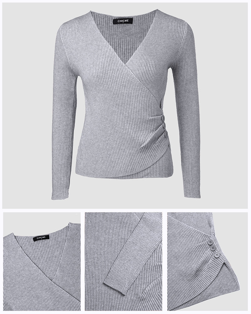 Overlap V-Neck Ruched Side Button Decor Knit Sweater Slim Fit Ribbed Pullover Top