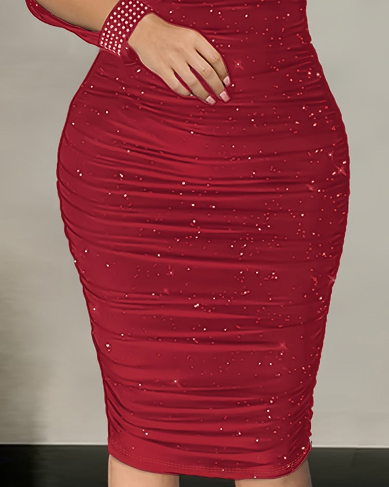 Rhinestone Decor Cold Shoulder Glitter Bodycon Dress