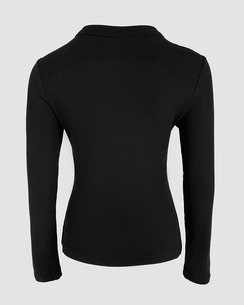 Rhinestone Decor Keyhole Neck Hollow Water Drop Ribbed Top Long Sleeve Slim Fit Layering Top