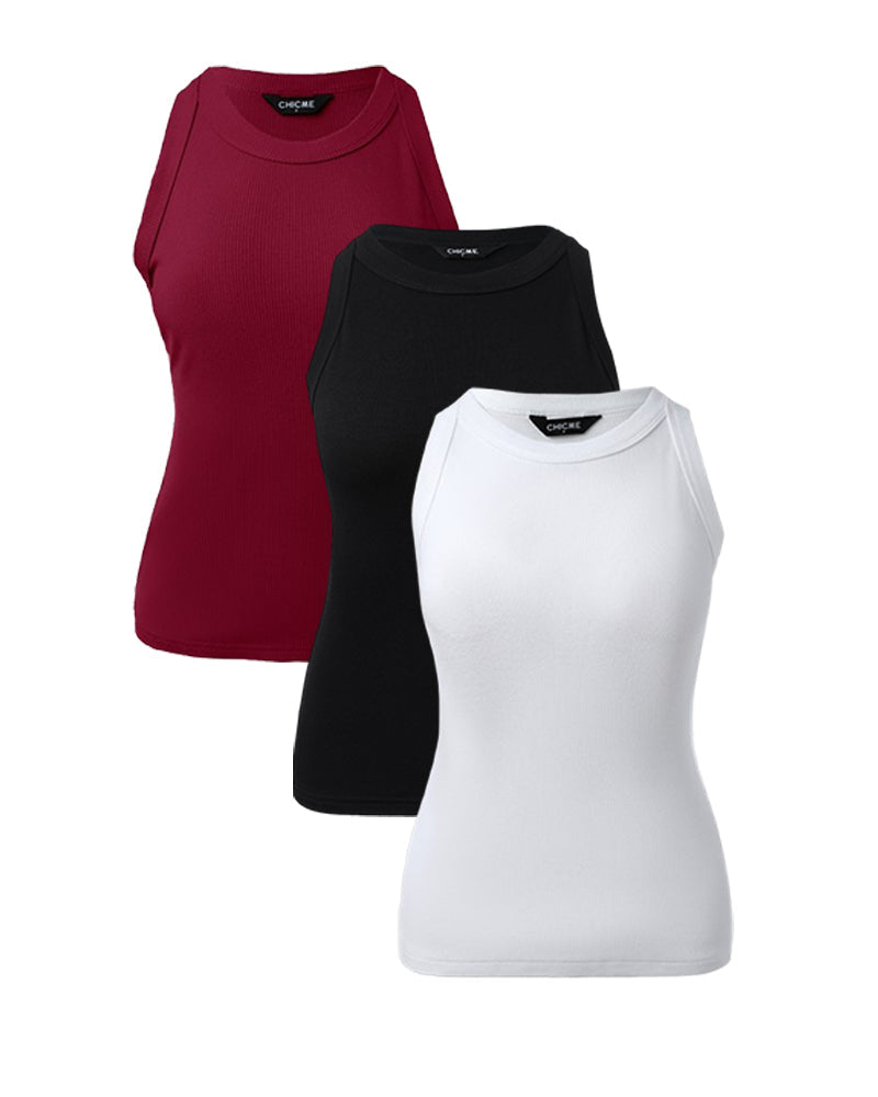 3 Pack Knit Round Neck Thick Strap Racerback Tank Tops(Without Pads)