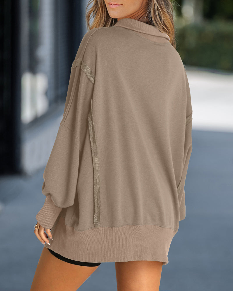 Polo Collar Long Sleeve Sweatshirt Loose Fit Side Slit Dip Hem Casual Top