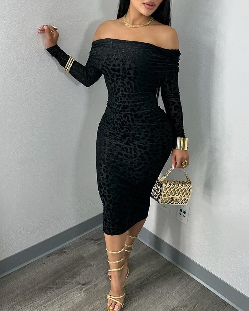 Leopard Print Off the Shoulder Long Sleeve Bodycon Dress Casual Slim Fit Flocking Party Midi Dress