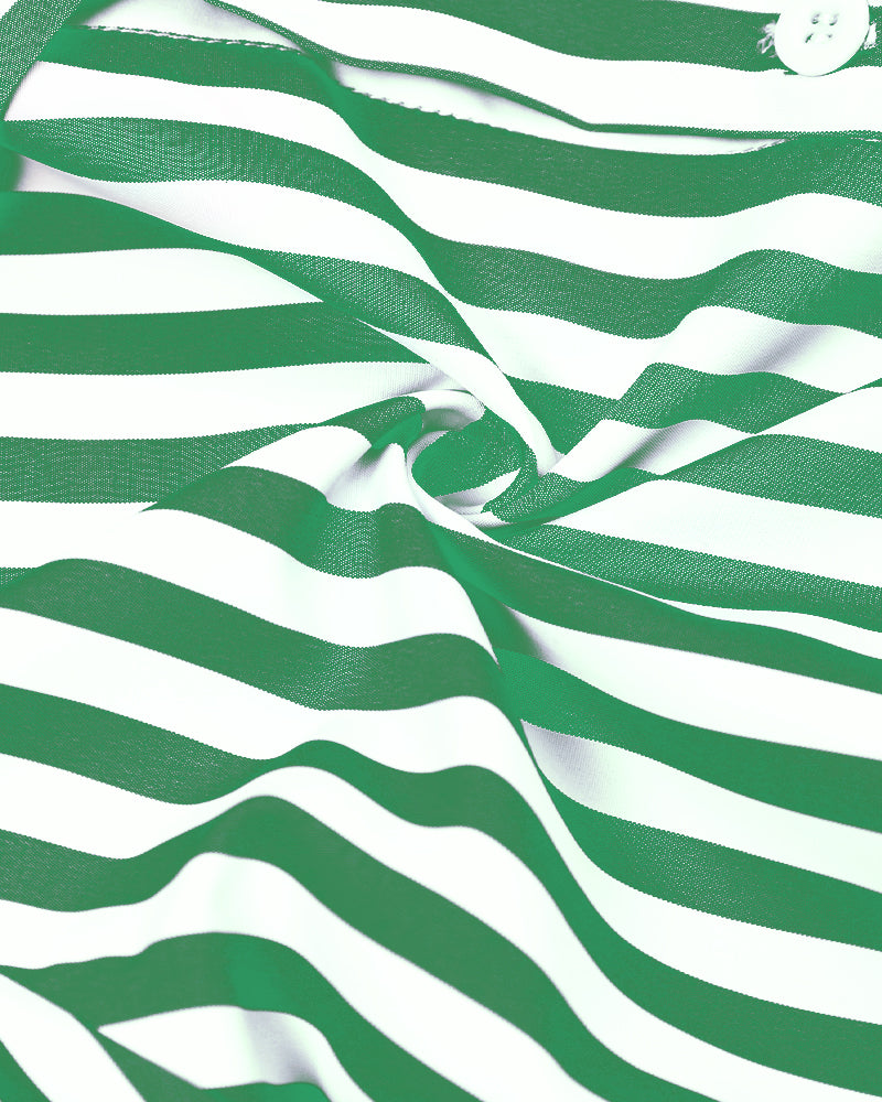 Striped Turn-down Collar Long Sleeve Dress Button Drwastring  Shirred Dress