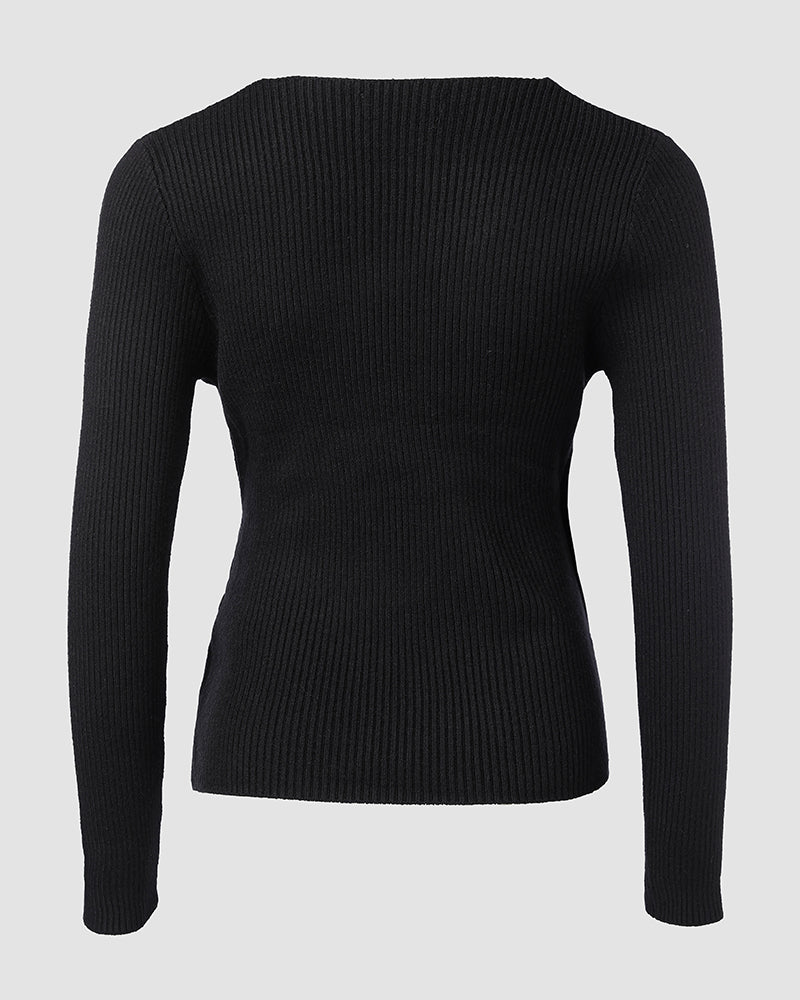 Overlap V-Neck Ruched Side Button Decor Knit Sweater Slim Fit Ribbed Pullover Top