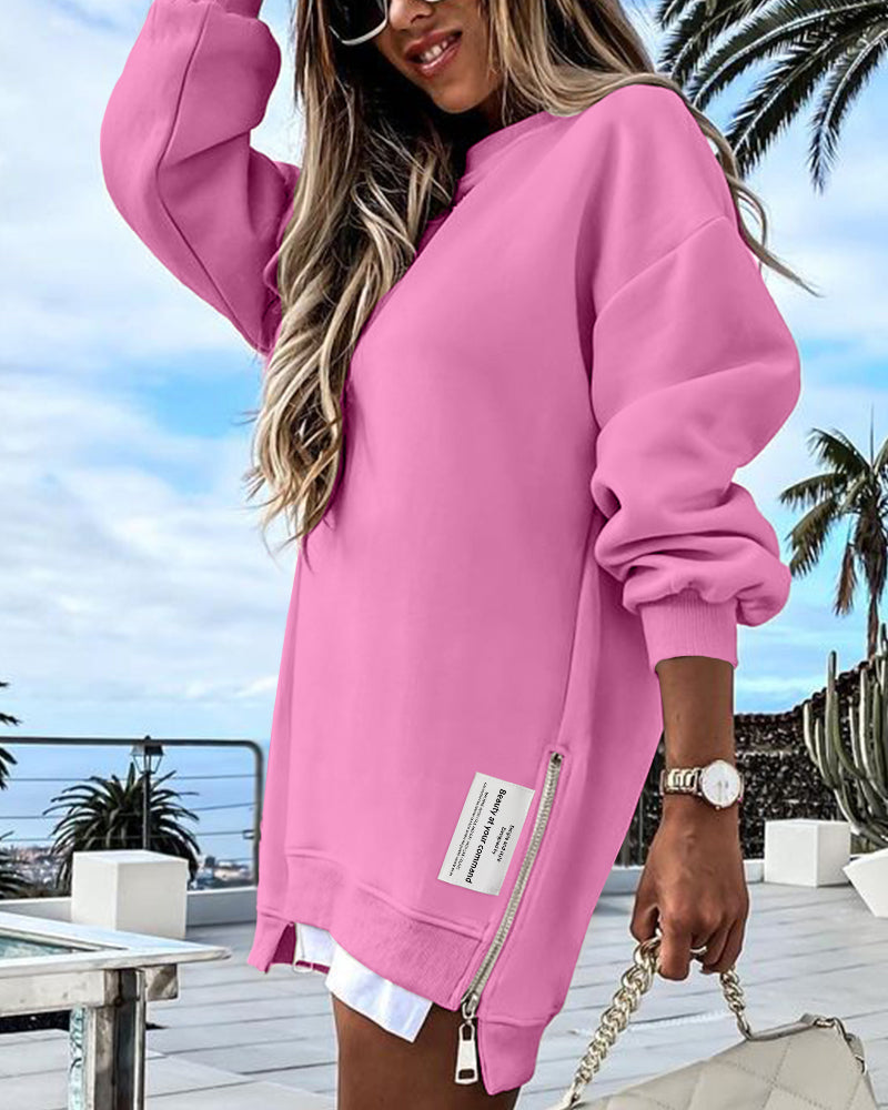 Letter Patch Detail Long Sleeve Drop Shoulder Pullover Sweatshirt Casual Zipper Side Slit Top