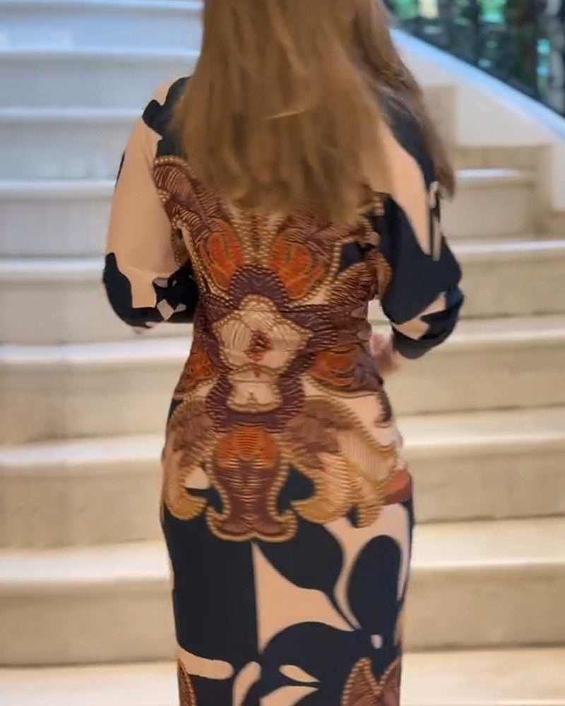 Vintage Baroque Deep V Neck Long Sleeve Slit Bodycon Dress Ruched Slim Fit Vacation Dress