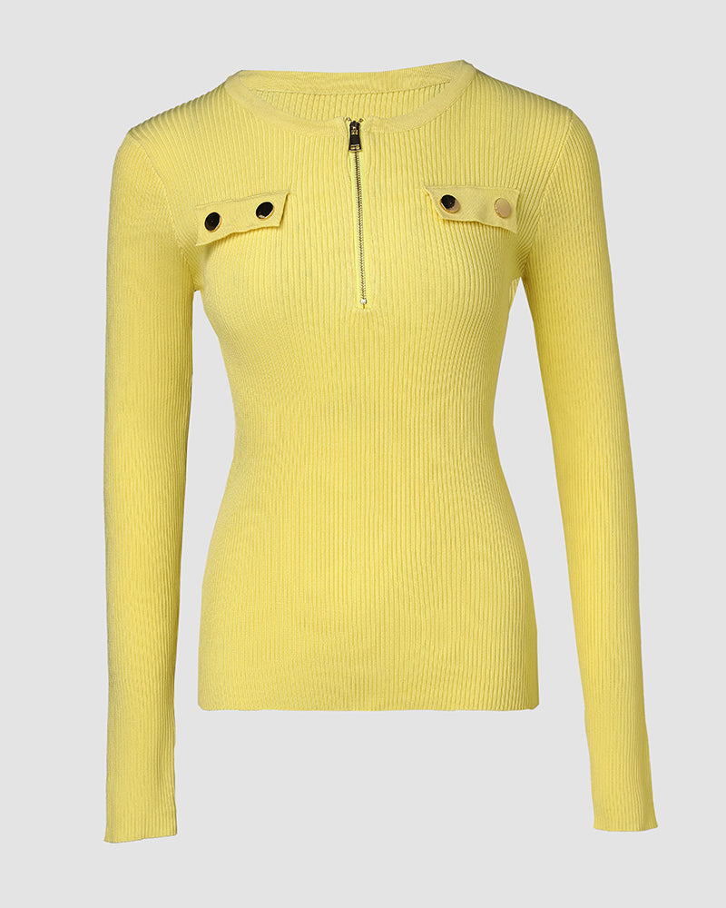 Crewneck Half Zipper Flap Detail Knit Sweater Long Sleeve Slim Fit Ribbed Pullover Top