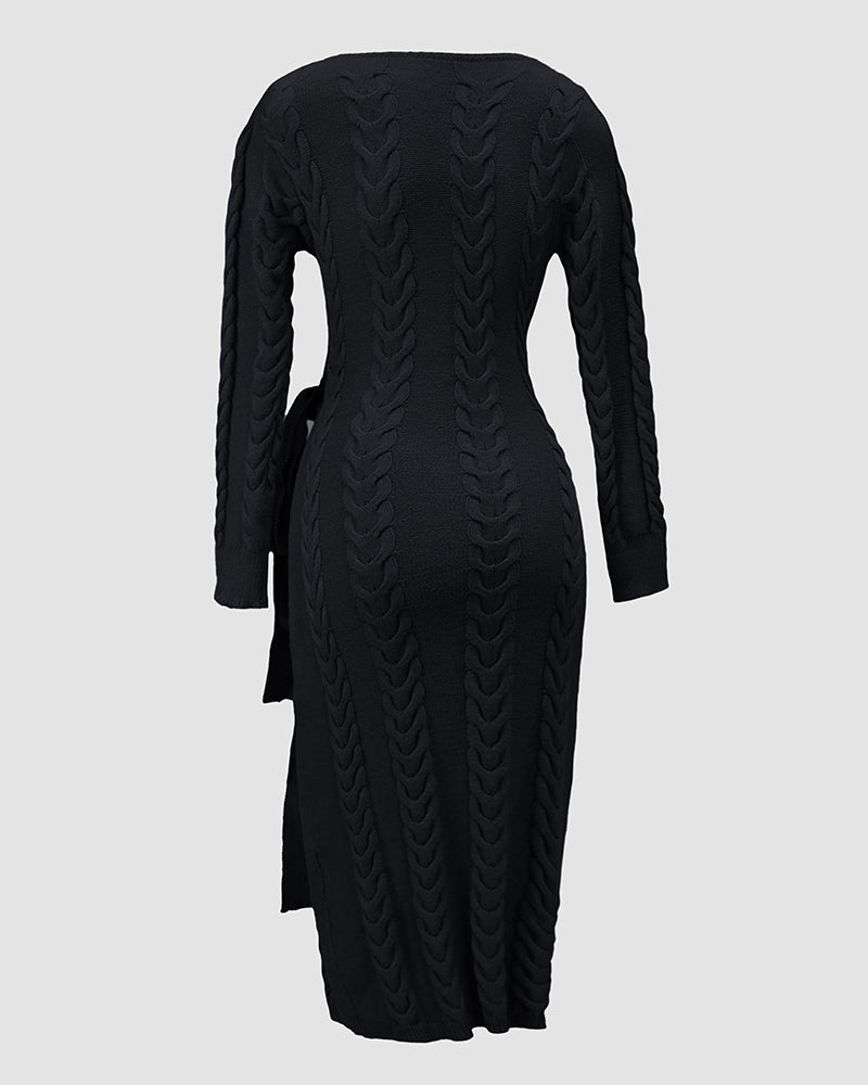 Cable Textured Overlap Deep V Neck Long Sleeve Mid Length Dress Tie Waist Slim Fit Knit Dress