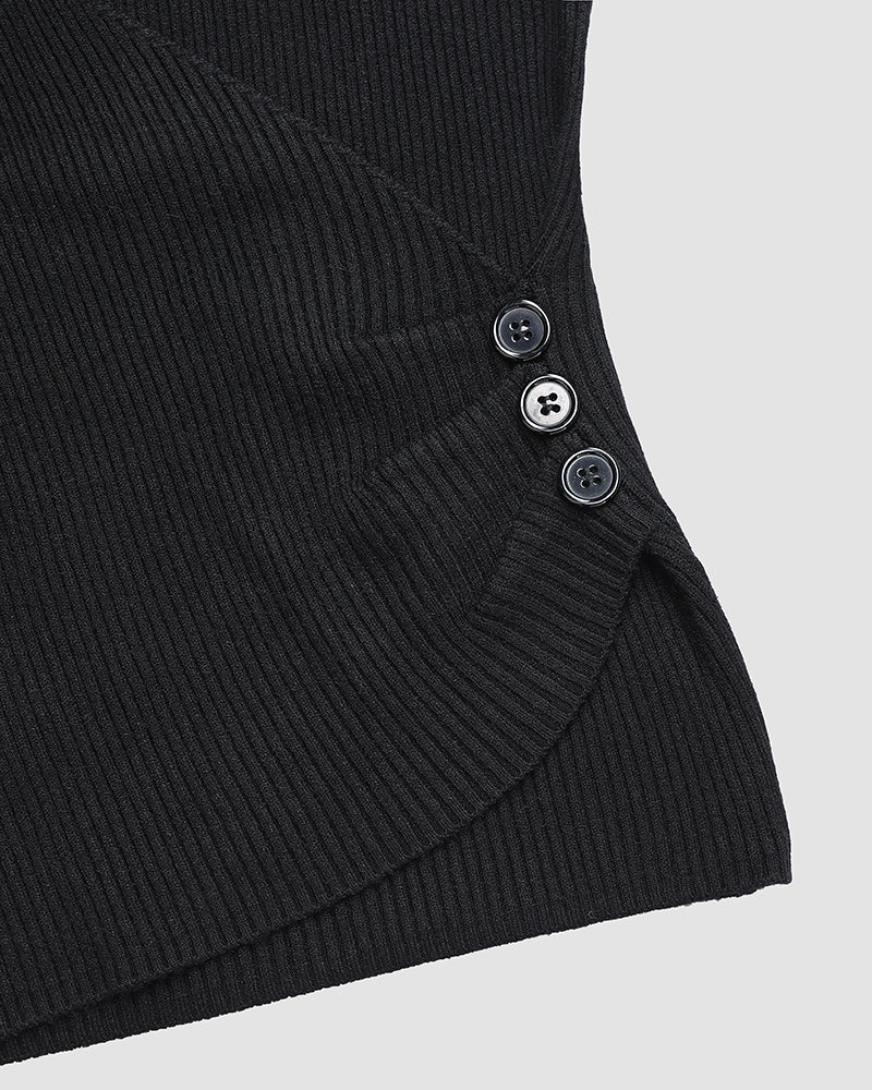 Overlap V-Neck Ruched Side Button Decor Knit Sweater Slim Fit Ribbed Pullover Top