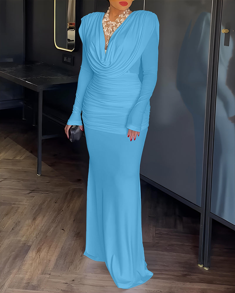 Cowl Neck Ruched Zipper Back Slim Fit Maxi Dress Casual Padded Shoulders Backless Evening Dress