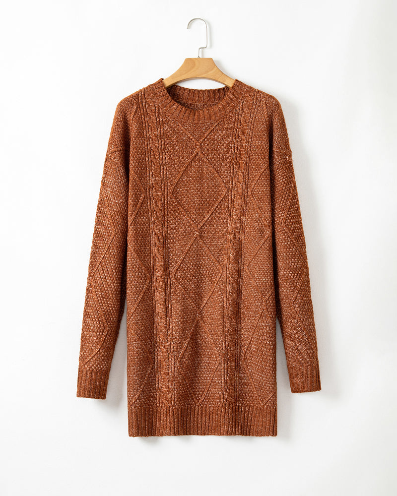 Round Neck Long Sleeve Drop Shoulder Pullover Sweater Casual Loose Fit Cable Knit Mid Length Sweater