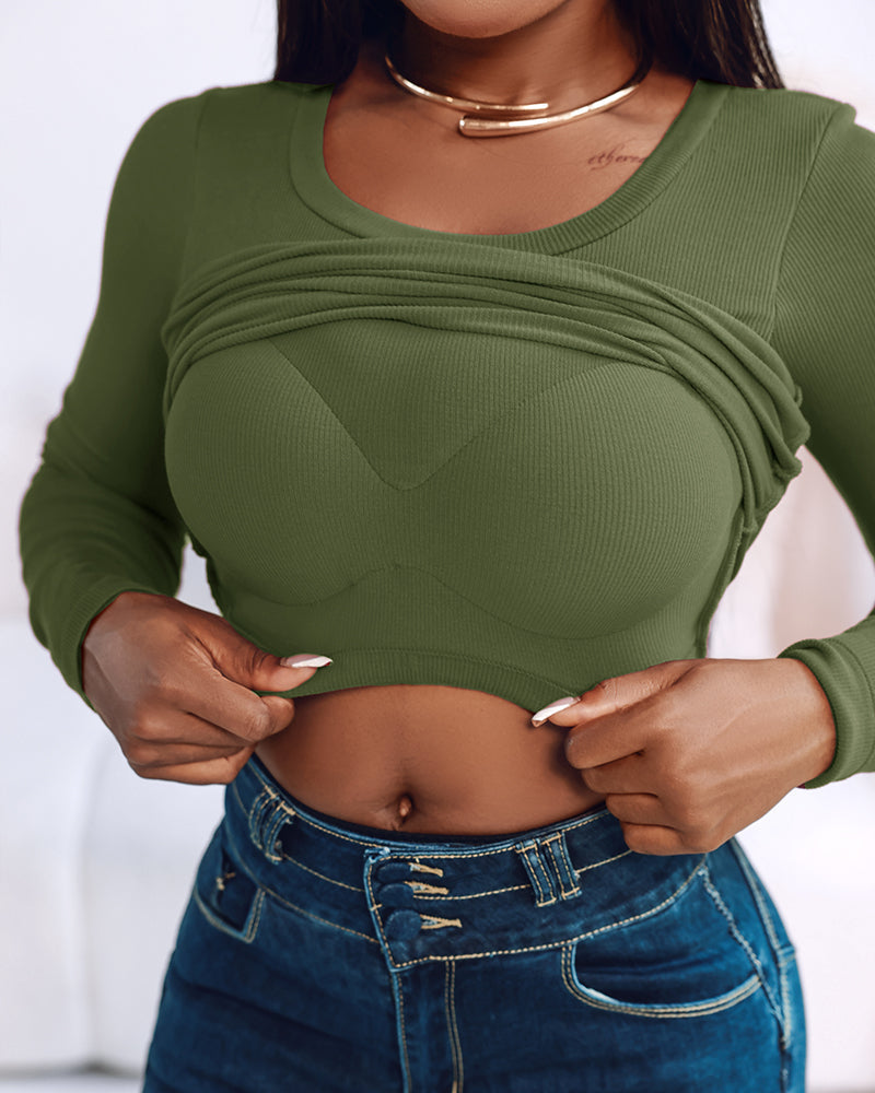 Built In Bra U Neck Tee High Stretchy Knit T-Shirt Long Sleeve Top