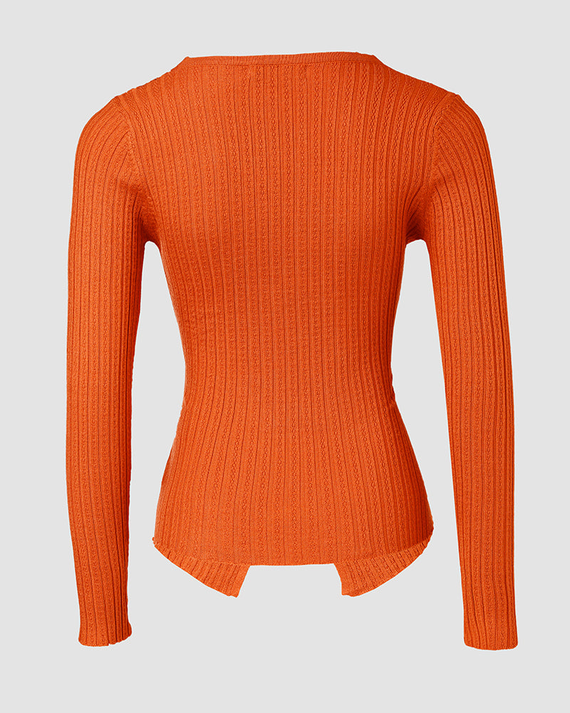 Rhinestone Decor Overlap V Neck Long Sleeve Knit Sweater Asymmetrical Hem Slim Fit Textured Pullover Top