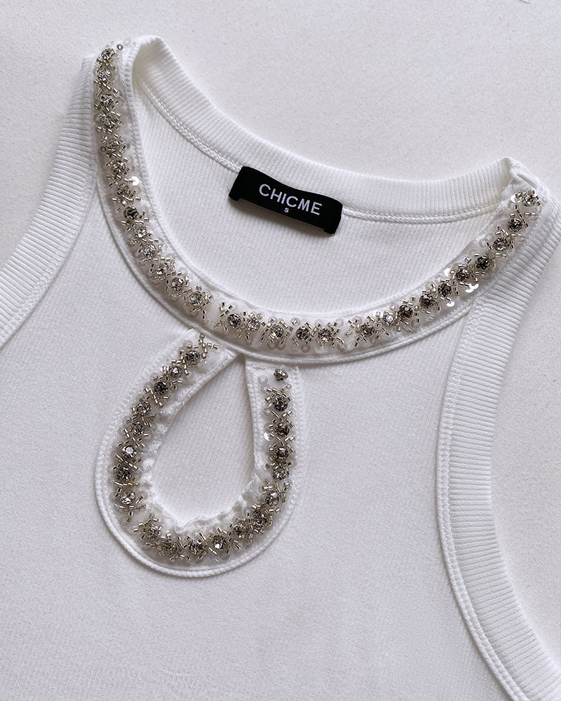 Rhinestone Contrast Sequin Keyhole Neck Sleeveless Slim Fit Elasticity Ribbed Top Elegant Tank