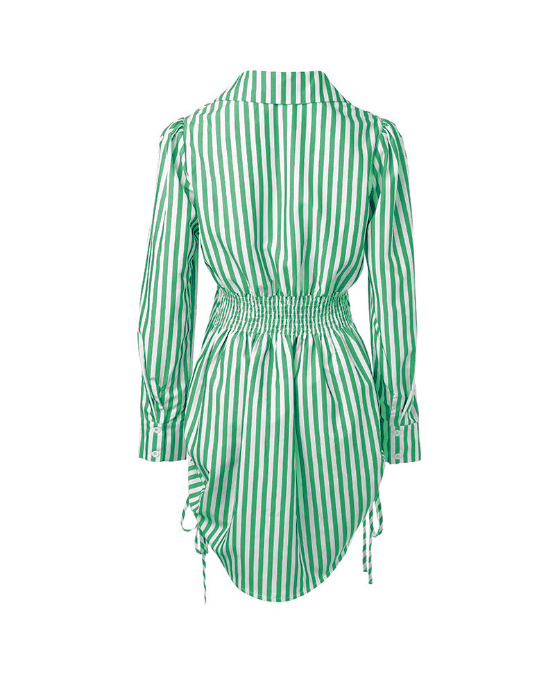 Striped Turn-down Collar Long Sleeve Dress Button Drwastring  Shirred Dress
