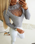 Pearls Decor Boat Neck Crochet Lace Trim Sheer Mesh Spliced Sweater Slim Fit Knit Top