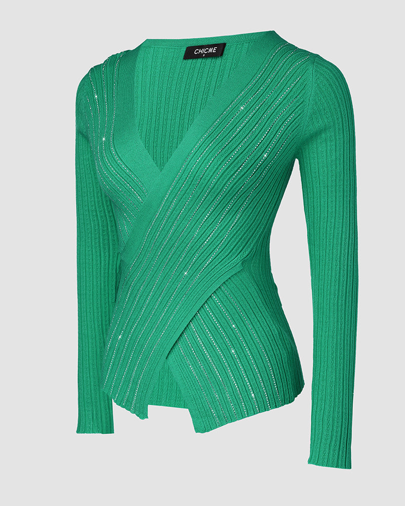Rhinestone Decor Overlap V Neck Long Sleeve Knit Sweater Asymmetrical Hem Slim Fit Textured Pullover Top