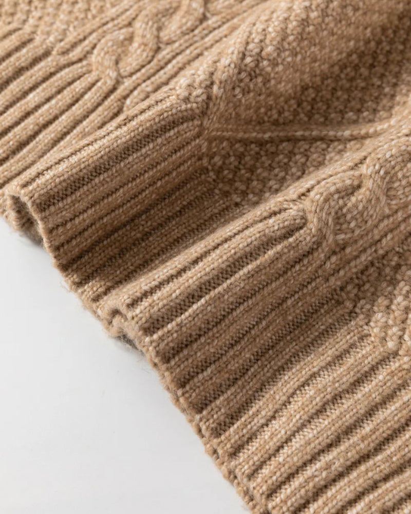 Round Neck Long Sleeve Drop Shoulder Pullover Sweater Casual Loose Fit Cable Knit Mid Length Sweater