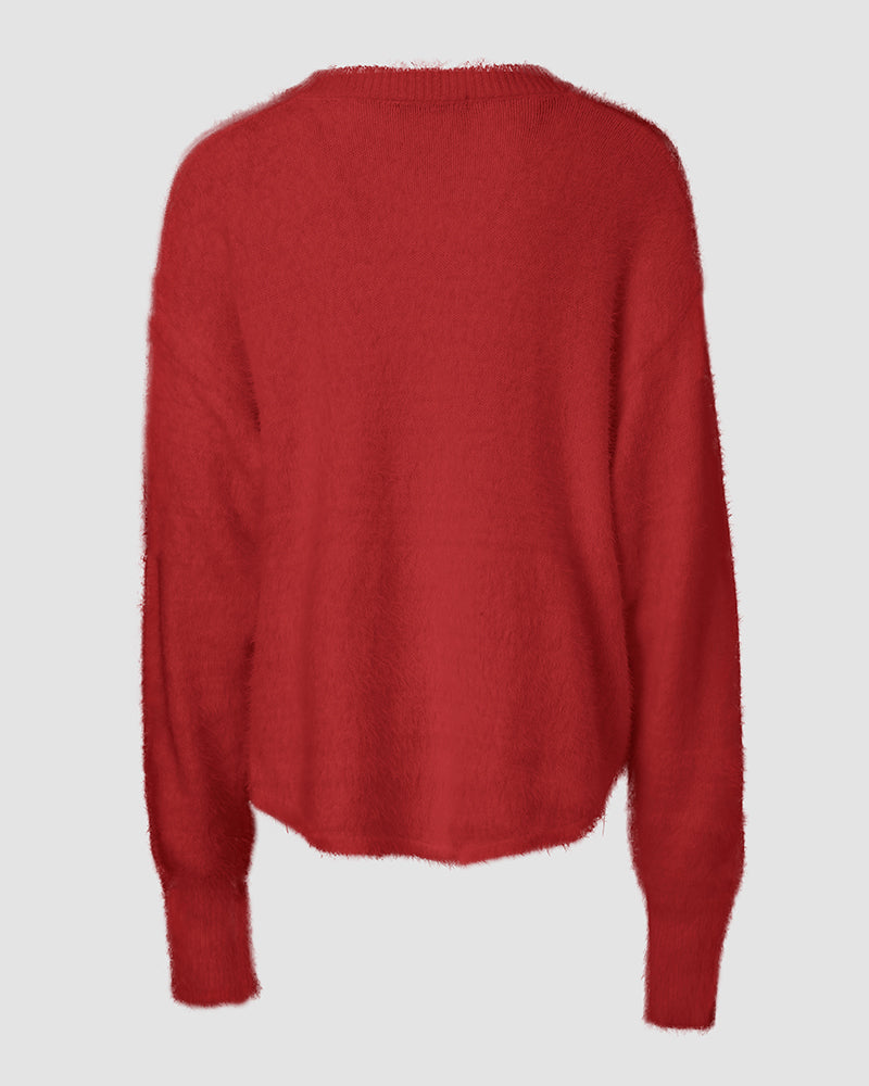 V Neck Long Sleeve Beaded Decor Oversized Sweater Fluffy Pullover Top