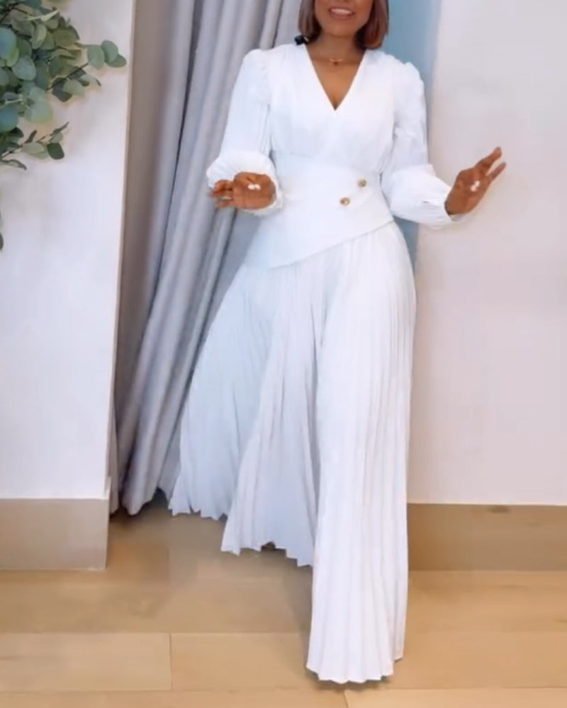 Button Decor Overlap V-Neck Pleated Puff Sleeve Zipper Side Commuting Dress Casual Cinched Waist Pleated Dress