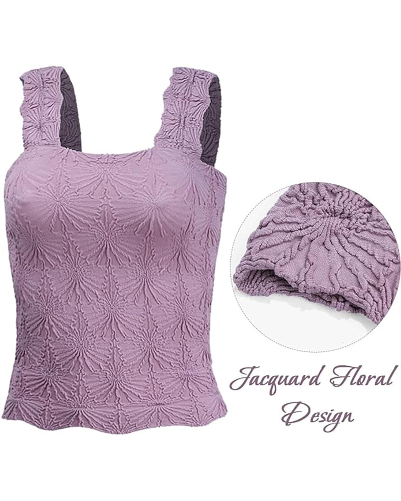 Floral Jacquard Square Neck Thick Strap Crop Tank Casual Sleeveless Top