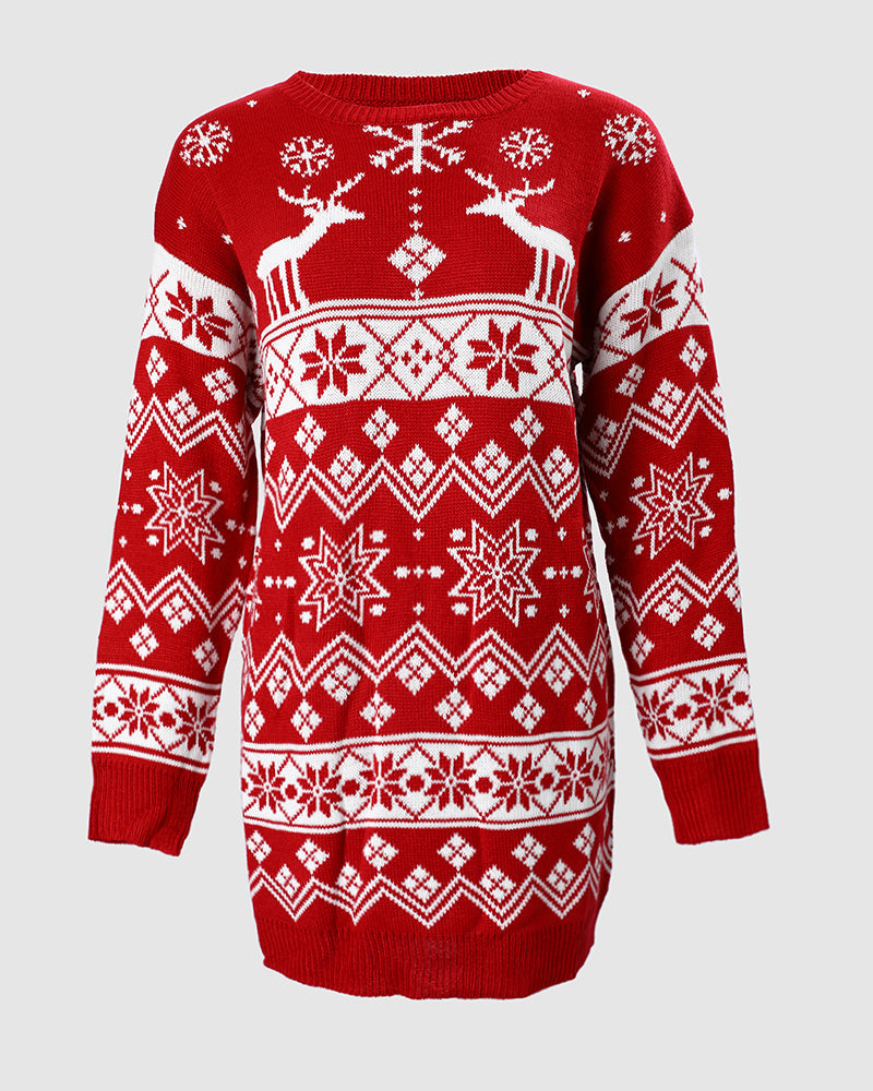 Christmas Fair Isle Pattern Knitted Sweater Dress Crewneck Long Sleeve Pullover Casual Dress