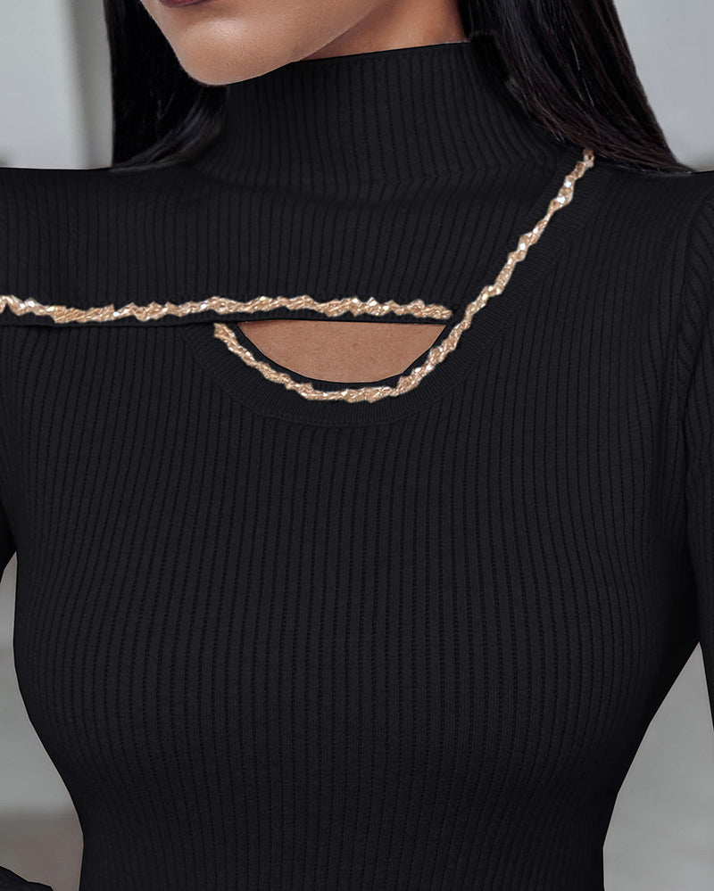 High Neck Long Sleeve Beaded Knit Sweater Hollow-out Fleece Lined Basic Layering Soft Versatile Thermal Top