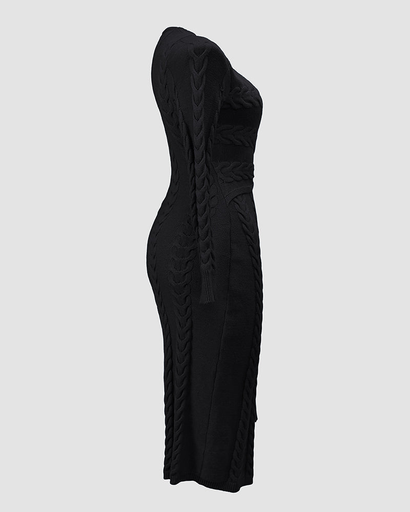 Cable Textured Overlap Deep V Neck Long Sleeve Mid Length Dress Tie Waist Slim Fit Knit Dress