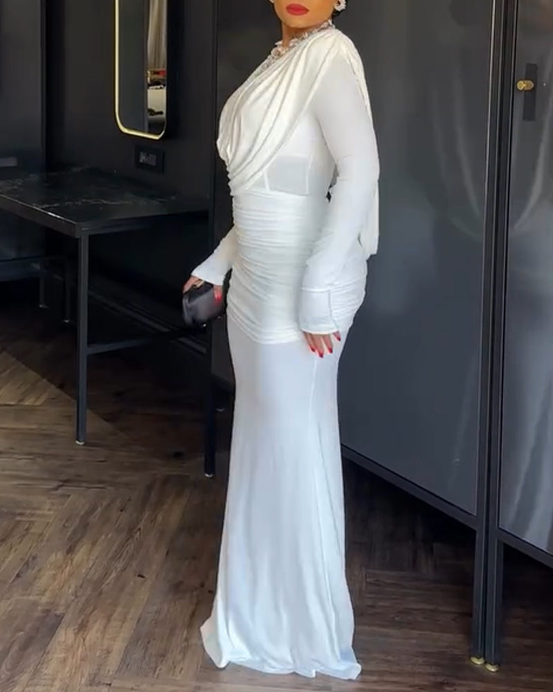 Cowl Neck Ruched Zipper Back Slim Fit Maxi Dress Casual Padded Shoulders Backless Evening Dress