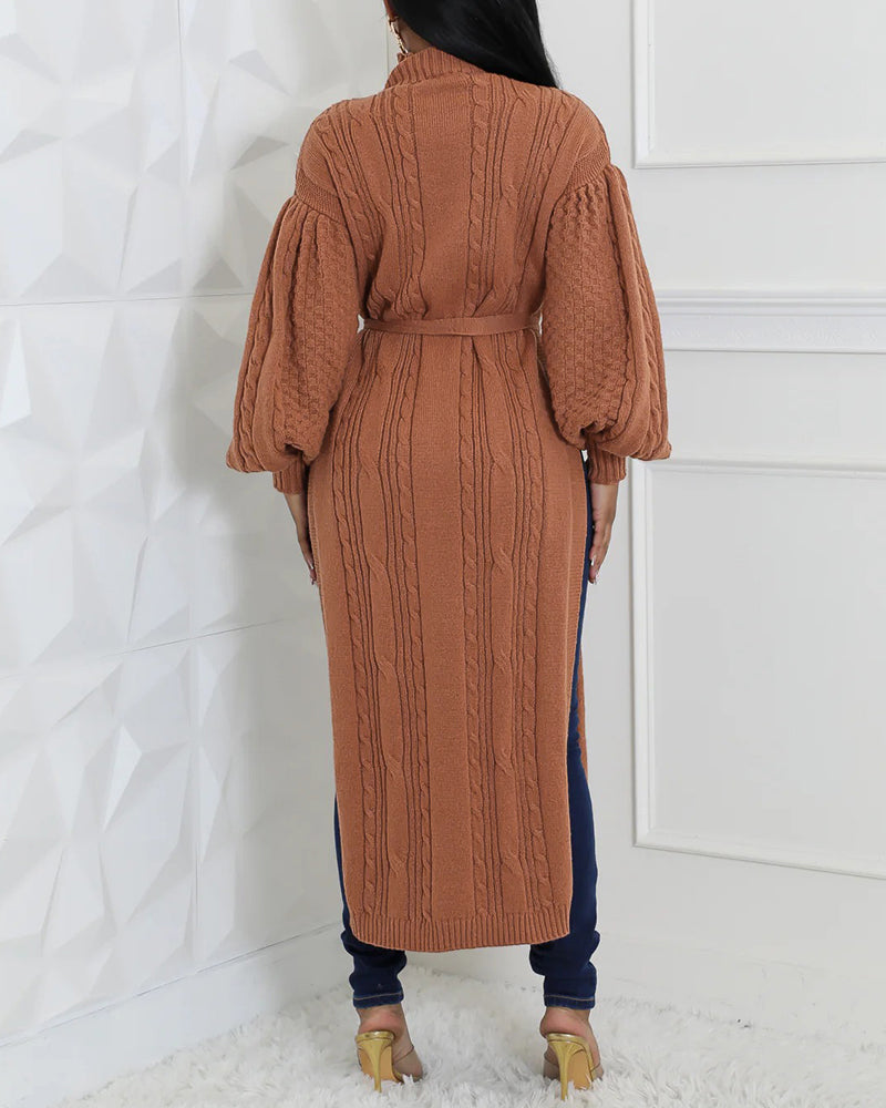 Cable Textured High Neck Lantern Sleeve Bow Tie Waist Sweater Casual High Slit Knit Longline Top