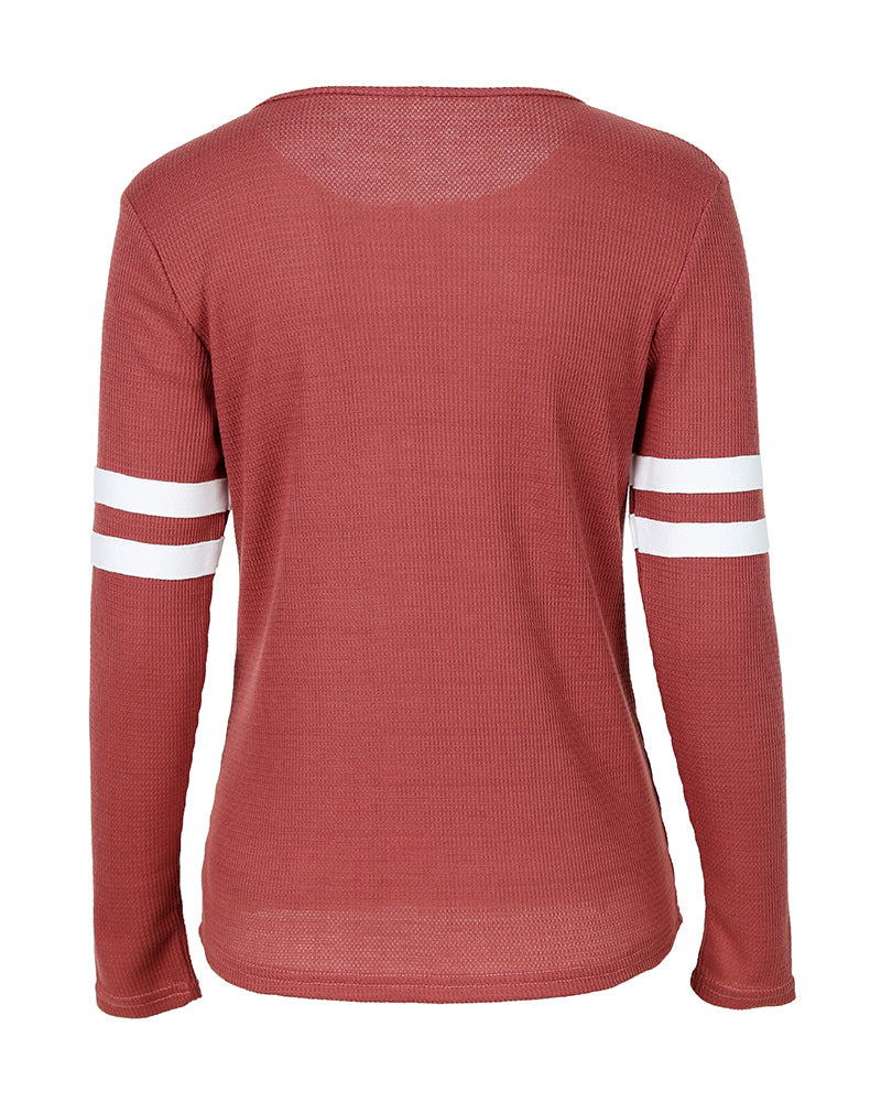 Striped Print Zipper Front Long Sleeve Top  Waffle Knit Loose Fitting Tunic Tops