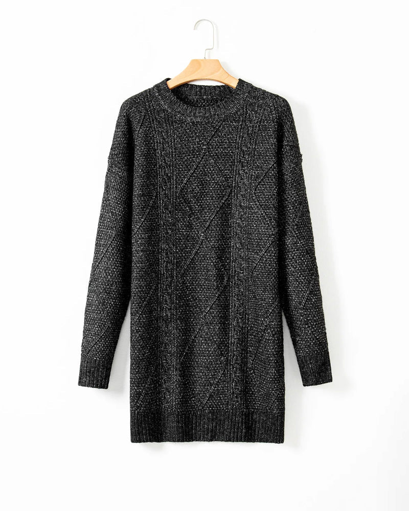 Round Neck Long Sleeve Drop Shoulder Pullover Sweater Casual Loose Fit Cable Knit Mid Length Sweater
