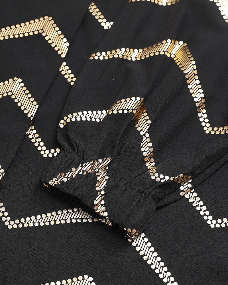 Bronzing Chevron Print Turn-down Collar Tied Detail Shirt Dress