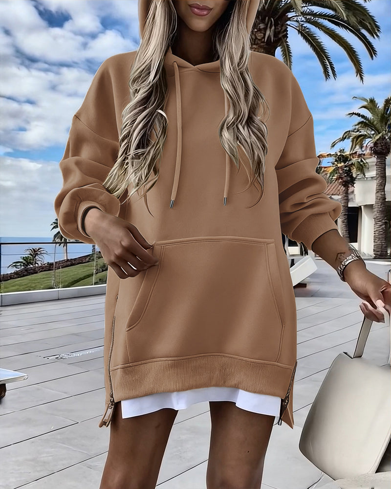 Long Sleeve Pocket Design Pullover Sweatshirt Casual Faux Two Piece Longline Drawstring Hooded Top