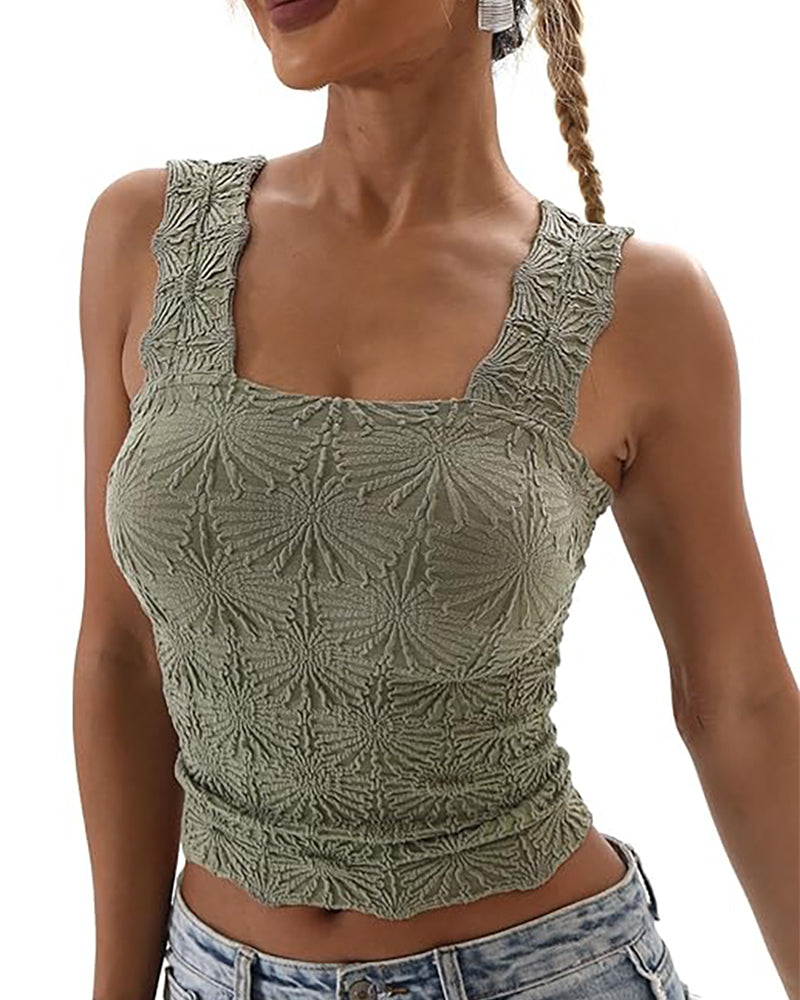 Floral Jacquard Square Neck Thick Strap Crop Tank Casual Sleeveless Top